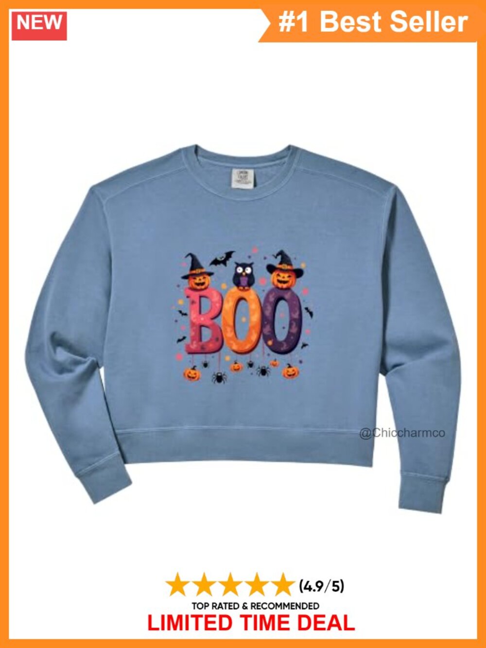 Witch Hat Pumpkin Bat Owl BOO Cropped Sweatshirt Women's Halloween